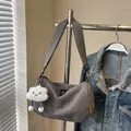 Gray corduroy crossbody dumpling bag with a cute white cloud charm and wide strap - Gray With Cloud Pendant