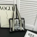 Clear jelly tote bag with patterned wide shoulder strap and silver inner pouch - Black