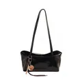 Black oil wax leather shoulder bag with glossy finish and baseball pendant detail - With Baseball Pendant / Black