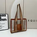 Transparent brown PVC tote bag with lettered wide strap and inner pouch combo - Brown