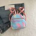 Mini backpack for women featuring pink and blue gradient PU leather with LOVE heart pattern - Blue