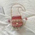 Gradient straw bucket bag with red pink orange weave and decorative pearl accents - Pink