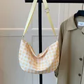 Orange and white checkered canvas crescent bag with heart and bear embroidery - No Pendant / Yellow