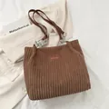Brown corduroy tote bag for women with leather straps and silver metal chain detail - Brown