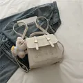 Minimalist beige mini backpack with cute cartoon bears and plush puppy charm accessory - Off-White (With Pendant)