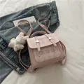 Pink PU leather square handbag with plaid flap, cartoon bears and plush rabbit charm - Pink (With Pendant)