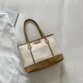 Large beige and brown contrast leather tote bag with suede finish and top handles - Khaki