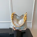 Blue brocade tote bag with floral embroidery and decorative wooden bead handles - Flower Blue