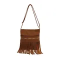 Sac bandoulière marron en suédine avec franges bohèmes et clous dorés - Marron