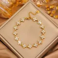 Luxurious 18k gold plated stainless steel clover bracelet with sparkling white zircons - Gold Clover White Zirconia Bracelet