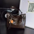Large dark brown PU leather tote bag with vintage texture and baseball glove charm - With Baseball Pendant / Brown