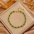 Elegant 18k gold plated stainless steel bracelet with rectangular emerald green stones - Gold Rectangle Green Zirconia Bracelet
