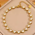 18K gold plated stainless steel bracelet with heart-shaped white cubic zirconia stones - White Heart Full Rhinestone