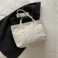 Elegant cream white quilted tote bag with floral texture and leather handles - Rice White (No Pendant)