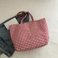 Red and white gingham canvas tote bag with snap closure and matching handles - Pink