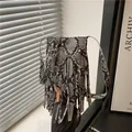 Snake skin pattern small square crossbody bag with long fringes and silver hardware detail - Gray