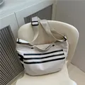Minimalist white canvas tote bag with black stripes and adjustable wide shoulder strap - Khaki