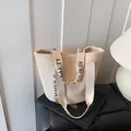 Creamy beige woven tote bag with SUMMER BEAUTY printed canvas handles in large size - Beige
