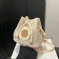 Beige straw bucket bag with large sunflower decoration and drawstrings for vacation - Flower Creamy White