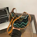 Woven hobo shoulder bag in retro blue color with adjustable brown leather strap - Wave Black