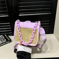 Purple woven crossbody bag with chain strap and luxury leather straw patchwork design - Purple