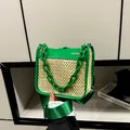 Green and beige woven small square bag with acrylic chain handle and green leather trim - Green