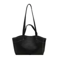 Black leather tote bag with white contrast stitching and double handles on white background - Black