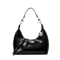 Glossy black patent leather hobo bag with a silver orb charm and embossed logo detail - Black
