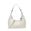 Glossy beige crescent handbag with silver metal ball charm and adjustable shoulder strap - Off White