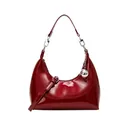 Polished burgundy patent leather hobo bag with silver metallic orb charm and branding - Cherry Red