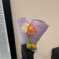 Borsa a secchiello in corda di cotone viola intrecciata con fiori e chiusura a perla - Viola