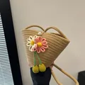 Handmade woven cotton rope bucket bag featuring floral crochet accents and pearl closure - Khaki