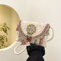 Bohemian geweven strooien tas in gebroken wit met kleurrijke kwastjes en mandala - Broken Wit