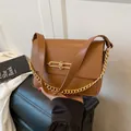 Minimalist brown leather crossbody bag with vintage gold metal buckle and chain strap - Brown