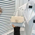 Elegant white and beige crossbody bag with woven flap and golden square metal buckle - White