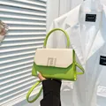 Green leather handbag with beige woven texture flap and silver metal square clasp - Green