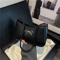 Elegant black crocodile texture underarm bag with golden bow and luxury gift box - Black