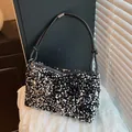 Sparkly black and silver sequined hobo bag with top handle for women evening style - Silver