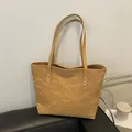 Vintage khaki tote bag with textured wrinkled leather surface and large capacity for women - Brown