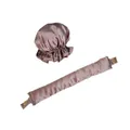 Detalle del set de rizador de pelo sin calor y gorro de dormir de satén en elegante púrpura - Gorro y Cinta / Rosa