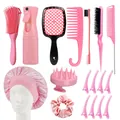 Pink hair care set featuring detangling brush, spray bottle, satin bonnet and styling clips - 18-Piece Set / Pink