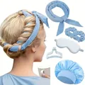 Kit bigoudis sans chaleur bleu clair avec bonnet en soie, masque de sommeil et accessoires - Ruban Bigoudi Scrunchies Pince Masque Bonnet de Nuit / Bleu