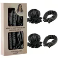 Detalle del set de rizador sin calor con rulo de satén negro y gorro de dormir a juego - Juego de Doble Gorro y Cinta (Caja) / Negro
