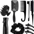 Kit de coiffure noir 8 pièces avec brosse de massage, spray et pinces professionnelles - Noir (Style Brosse Squelette Spirale)
