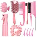 11-teiliges rosa Frisierset mit Kopfmassagebürste, Skelettbürste und Sprühflasche - Rosa (Spiral-Skelettbürste-Stil)