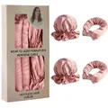 Hitzefreies Lockenwickler-Set aus rosa Seide mit Satin-Kappen und Verpackung - Doppelhaube und Band Set (Box) / Rosa