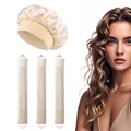 Kit de bigoudis sans chaleur avec trois tiges en velours crème et bonnet en soie assorti - Blanc Cassé