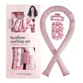 Pink silk heatless curling set with long roller, scrunchies, and hair clip in retail box - Pink-Solid Color