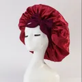 Detail of satin bonnet with dark red silk texture and purple decorative bow knot - Medium Single Layer Ribbon / Burgundy
