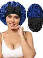 Bonnet de nuit en satin bleu marine et noir avec un grand nœud décoratif élégant - Bleu Royal + Noir